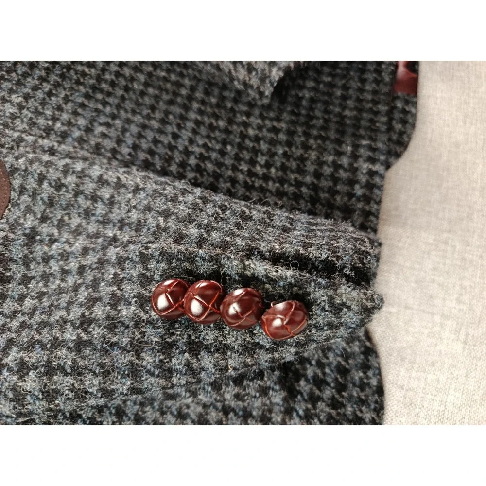 Harris Tweed Blazer Mens 38 S Charcoal Houndstouth Wool Elbow Patches Jacket